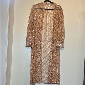 Zara Rose Gold Beige Sequin Sheer Long Sleeve Dress or Duster XS Small Festival